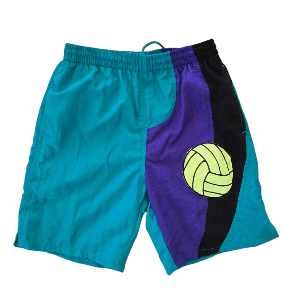 Vintage 1990s Radical Reef Teal and Purple Volleyball Swim Trunks